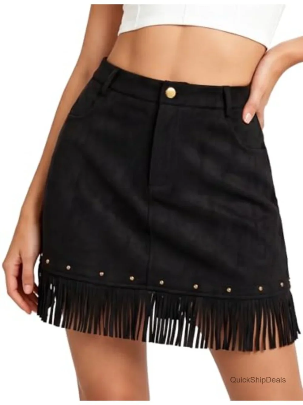 Faux Suede Fringe Mini Skirt with Pockets High Waist Cowgirl A-Line